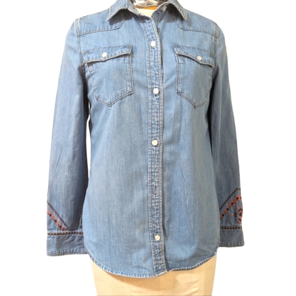 Driftwood Lana Western Embroidered Aztec Denim Button Shirt...Size Small - Picture 2 of 9